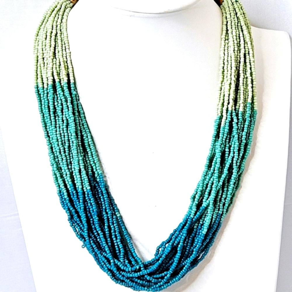 Ombre Blue Tones Multi-Strand Gold-Tone Beaded Handmade Necklace